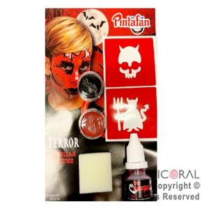 KIT MAQUILLAJE ARTISTICO TERROR DIABLO NEGRO Y ROJO (4 GR)+STENCIL+ESPONJA+SANGRE 20ML